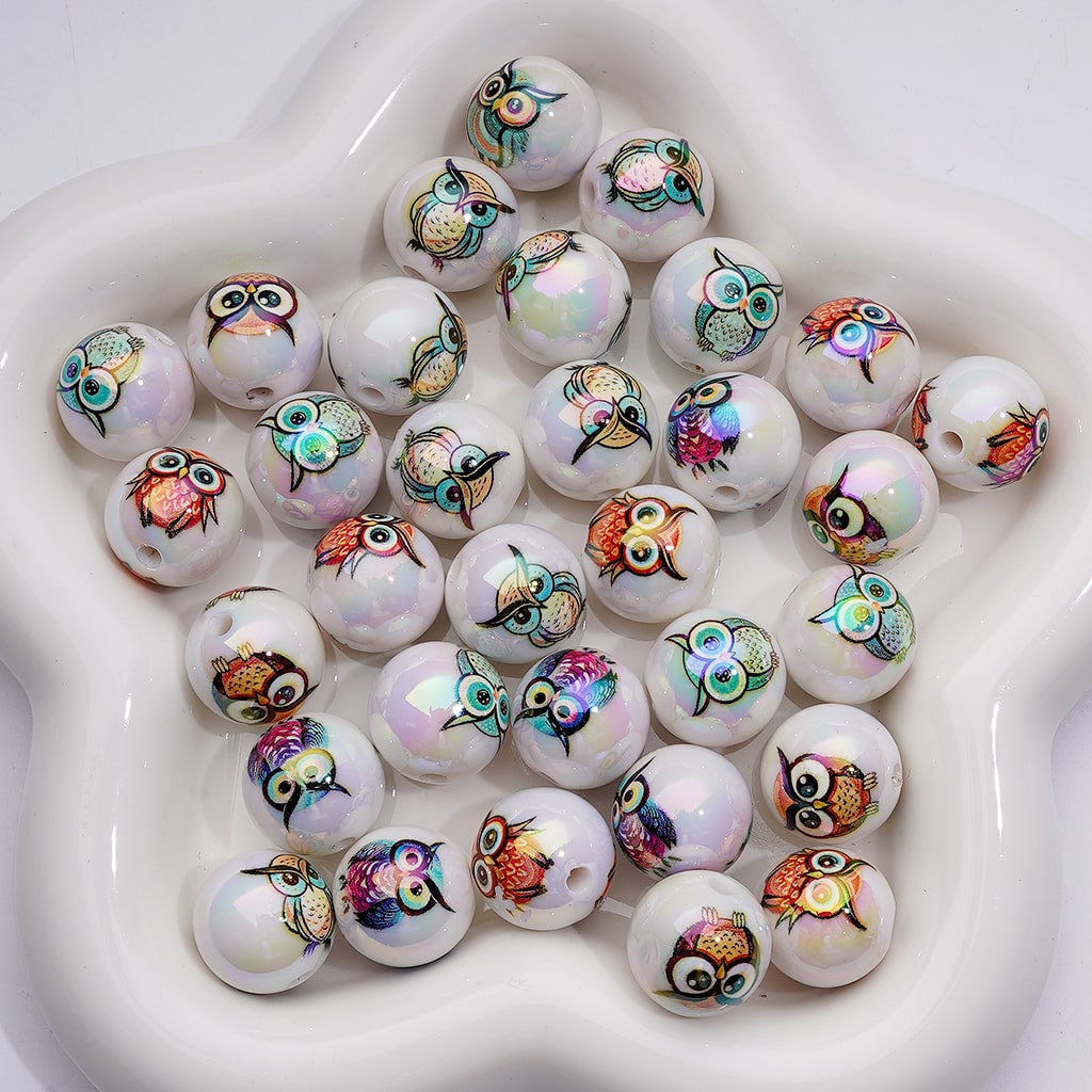 UV Coating Cute Multi-Color Owl Clear Jelly White Round Acrylic Beads, 16MM