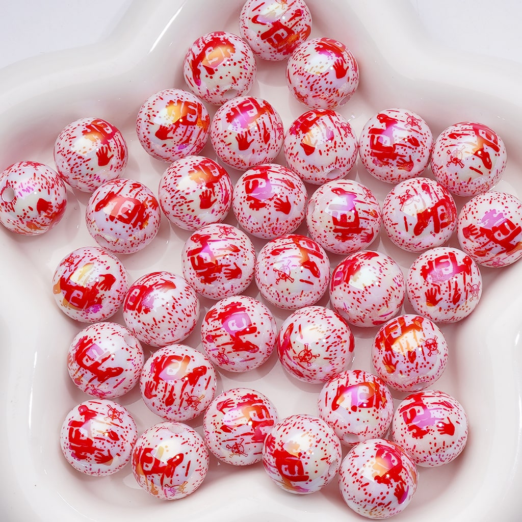 UV Coating Horror Red Bloody Hand Prints Hel Spots Halloween Round Acrylic Beads, 16MM