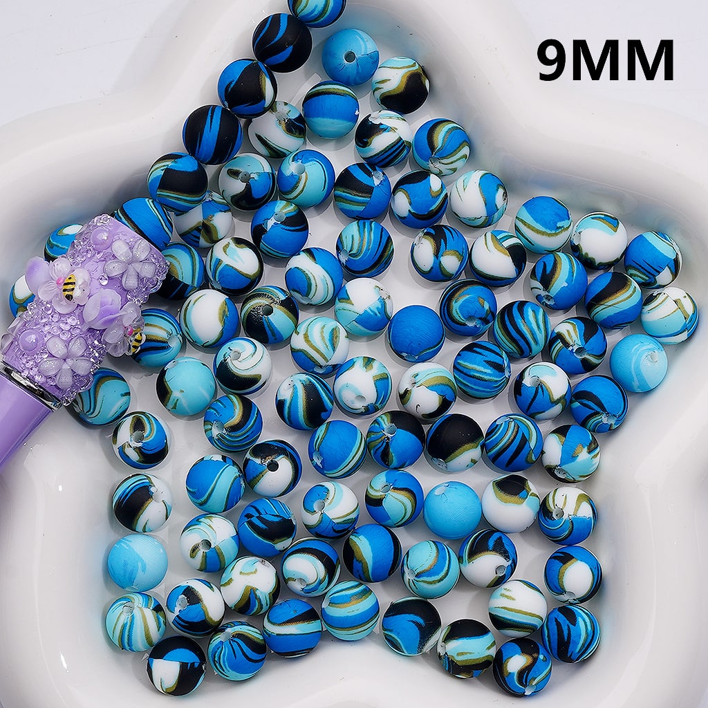 Abstractive Blue Black White Printed Silicone Beads 9MM, Number Z-00268