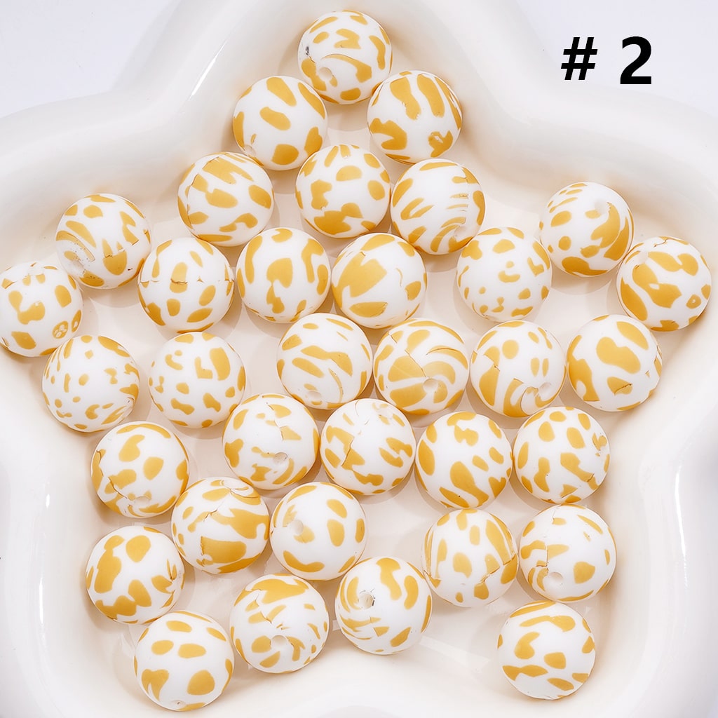 Multi- Color Cow Prints Silicone Beads 15MM, Number Z-00276