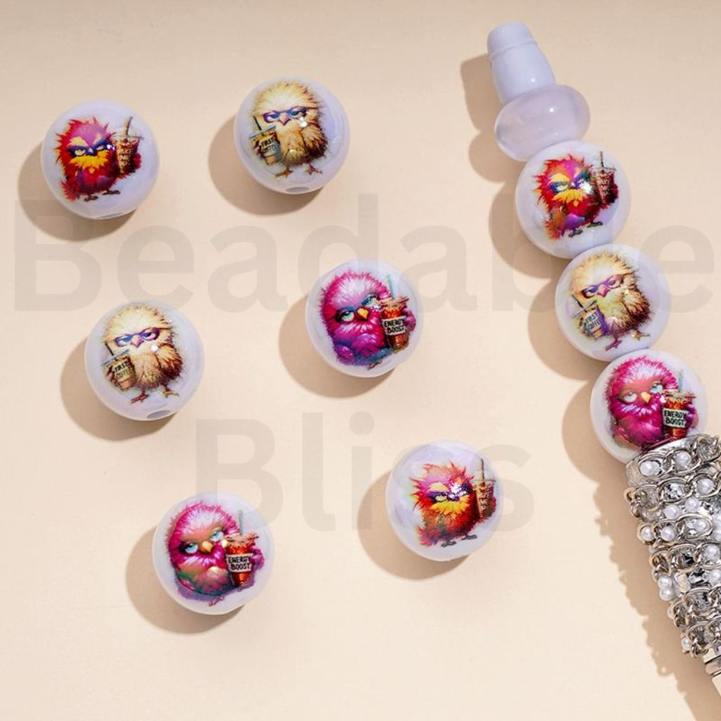 UVコーティング アングリーバード ホワイト ラウンド アクリルビーズ 16mm ランダムミックス