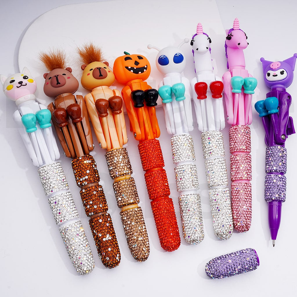 Large Cute Cartoon Kurom Unicor Ghost Face Pumpkin Elk Bear Alien Cat Astronaut with Movable Boxing Arms Shiny Rhinestones Beadable Clay Pens