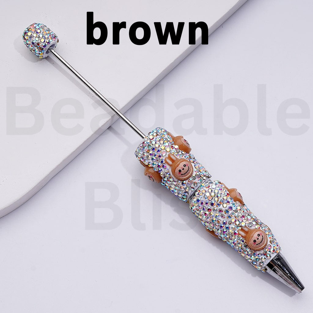 White Color Beadable Clay Pens with Cute Labub Monster Head Pop Mar AB Rhinestones Covered the Entire Pen