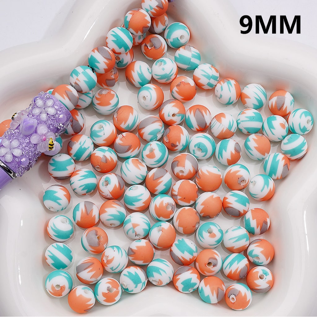 Teal White Orange Printed Silicone Beads 9MM, Number Z-00269