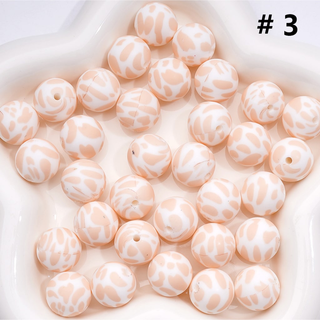 Multi- Color Cow Prints Silicone Beads 15MM, Number Z-00276