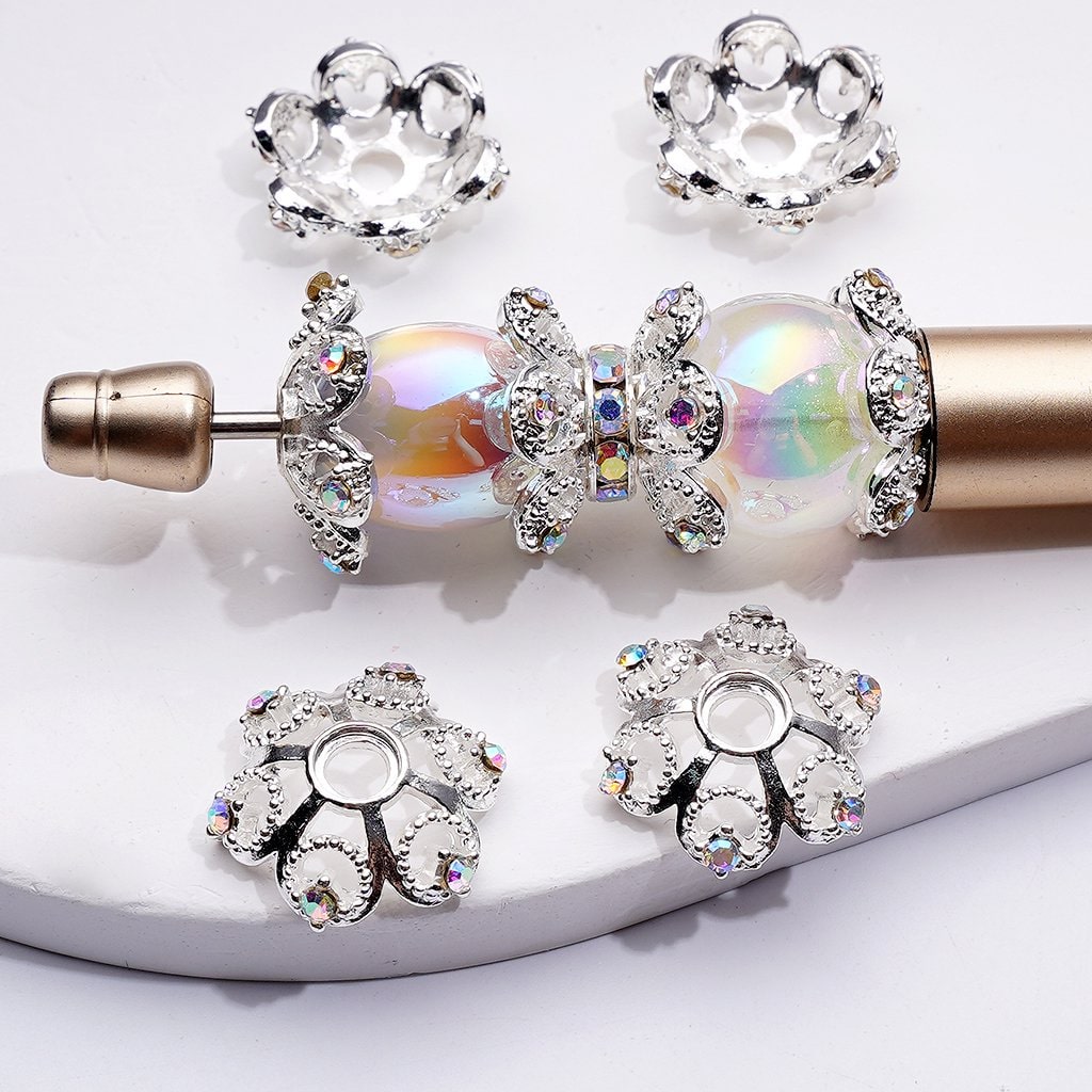 キラキラ輝く蓮の花の形をしたシルバーメタルビーズキャップケージ、ABラインストーン付き、約19MM(16MM、20MMのビーズに使用できます)