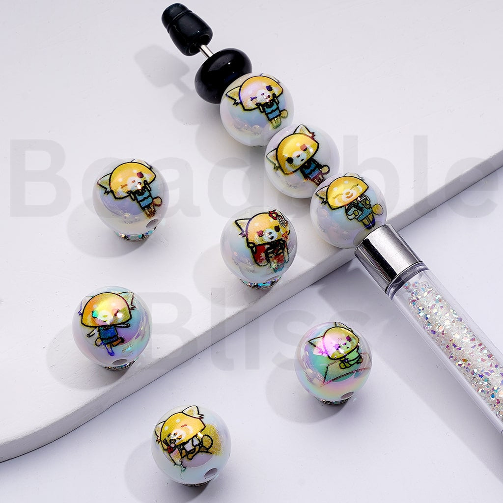 UVコーティング かわいいレッサーパンダ アグレッシブ レツク サンリ ホワイト ラウンド アクリルビーズ 16MM ランダムミックス