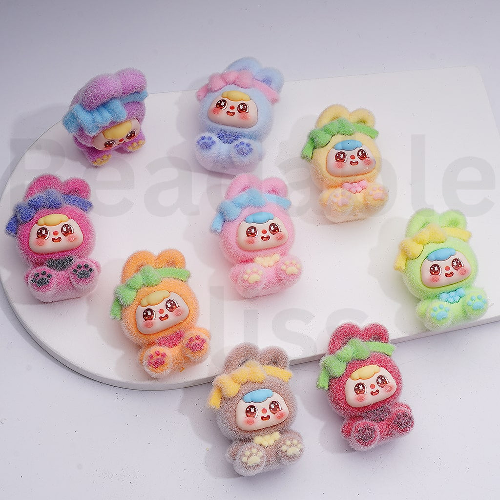 Cute Flocked Bunny Baby with Bowknots Pendants Pen Topper Acrylic Beads Jewelry Accessories, 43*30MM, Random Mix
