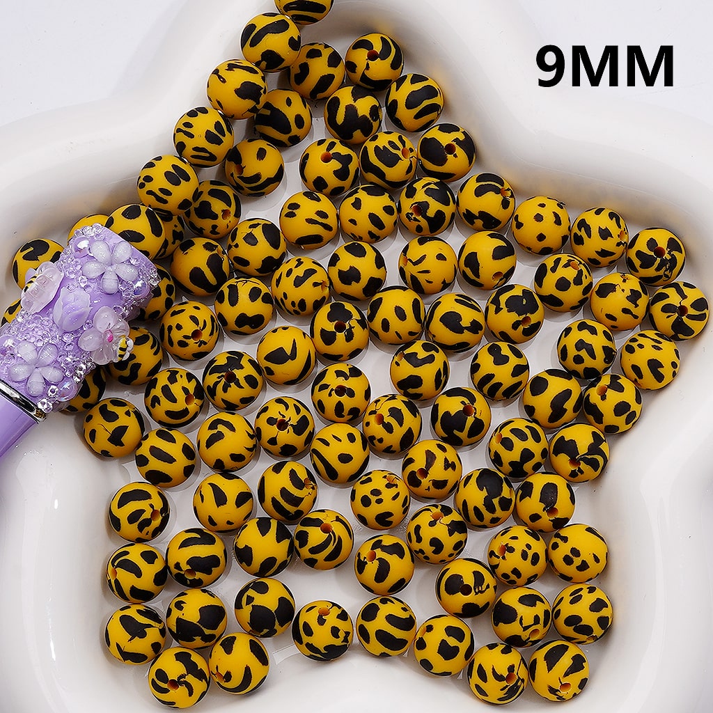 Black Leopard Printed Yellow Silicone Beads 9MM, Number Z-00270