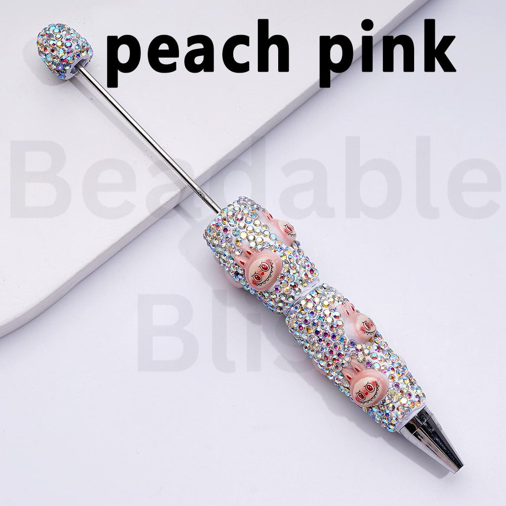 White Color Beadable Clay Pens with Cute Labub Monster Head Pop Mar AB Rhinestones Covered the Entire Pen