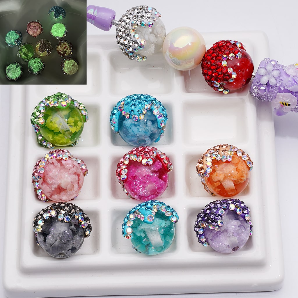 Luminous Multi-Color Cloud Inside Clear Acrylic Beads in Clay Flower Covered by Shiny Rhinestones, Around 20*19MM