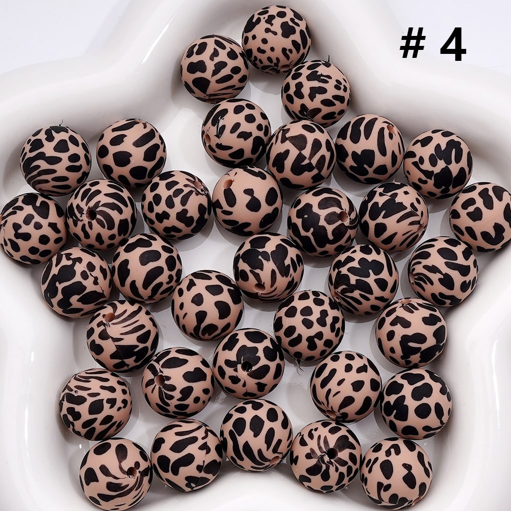 Multi- Color Cow Prints Silicone Beads 15MM, Number Z-00276