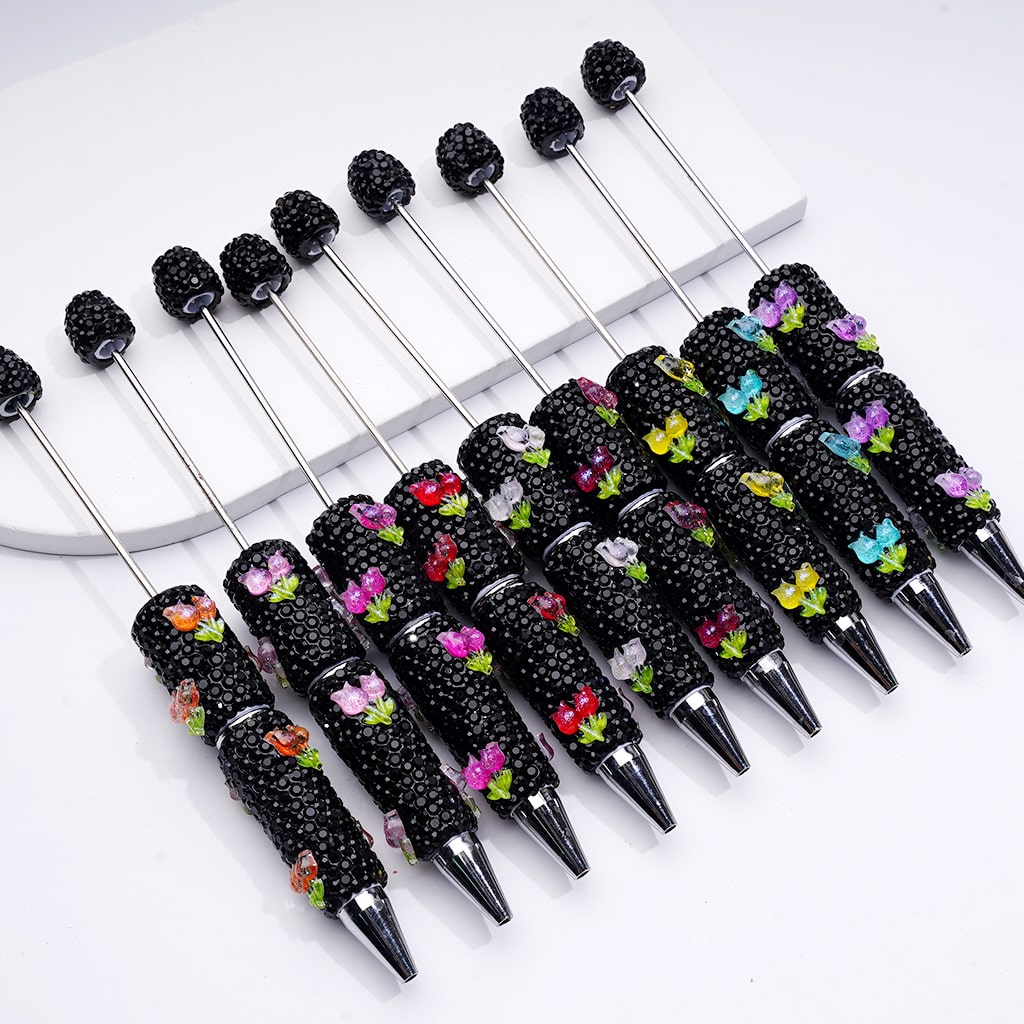 Cute Shiny Tulip Flowers with Black Rhinestones Beadable Clay Pen
