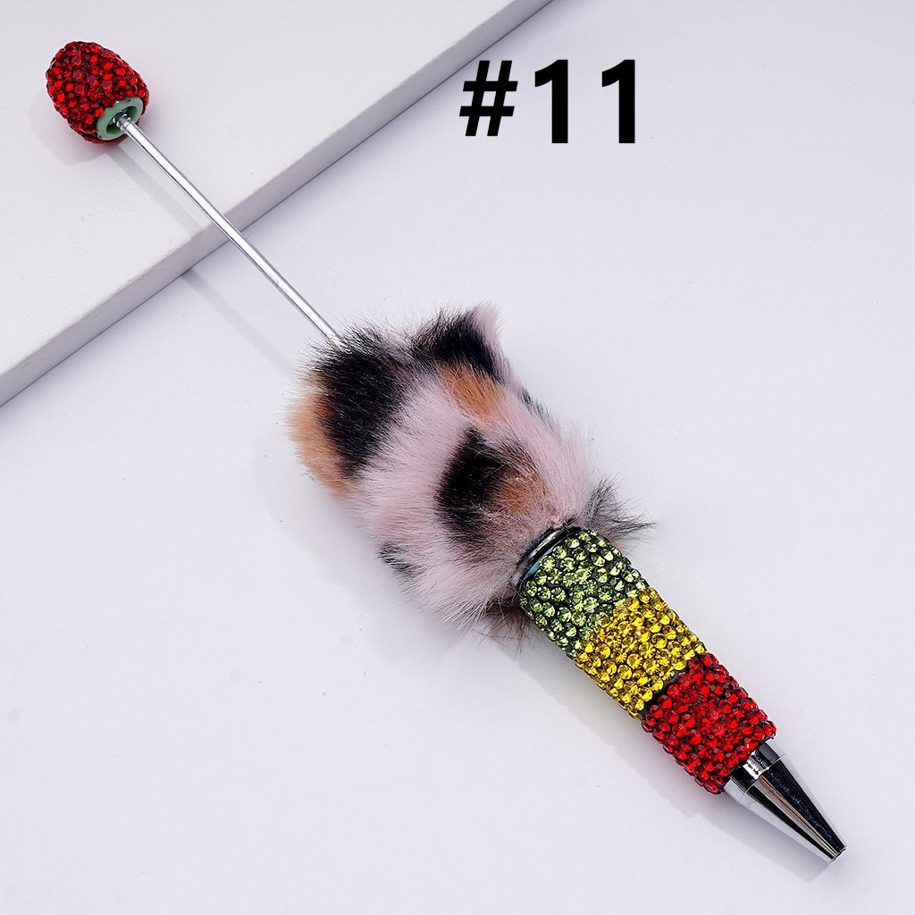 Beadable Clay Pom Pom Pens with Green Yellow Red Shiny Rhinestones Covered the Entire Pen