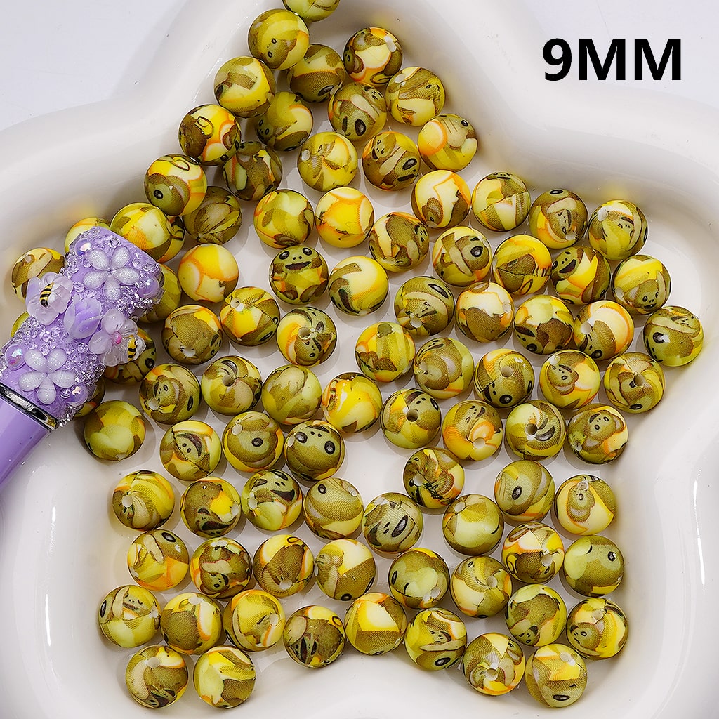 Little Cute Monkey Banana Yellow Printed Silicone Beads,9MM, Number Z-00271