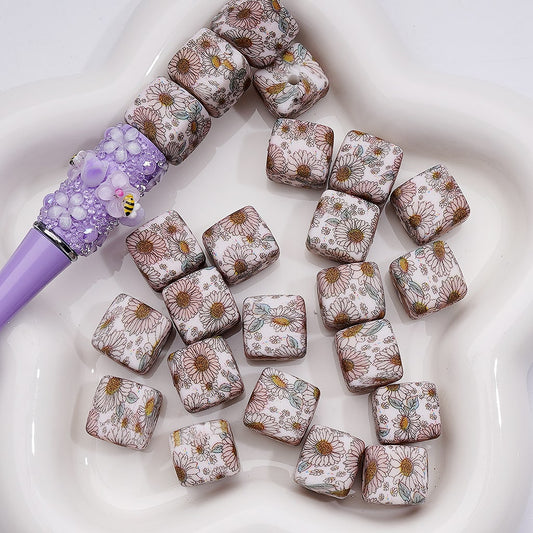 Cute Daisy Flower Printed Cube Square Silicone Beads, 14MM
