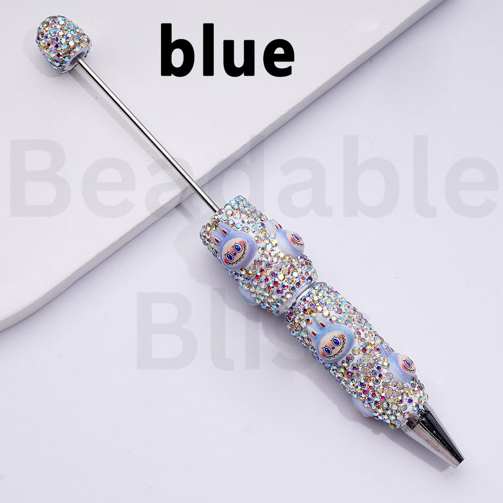 White Color Beadable Clay Pens with Cute Labub Monster Head Pop Mar AB Rhinestones Covered the Entire Pen
