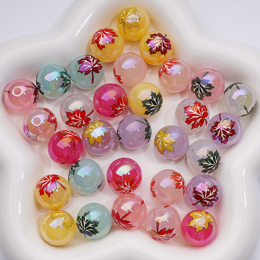 UV Coating Multi-Color Maple leaves Jelly White Clear Round Acrylic Beads, 16MM
