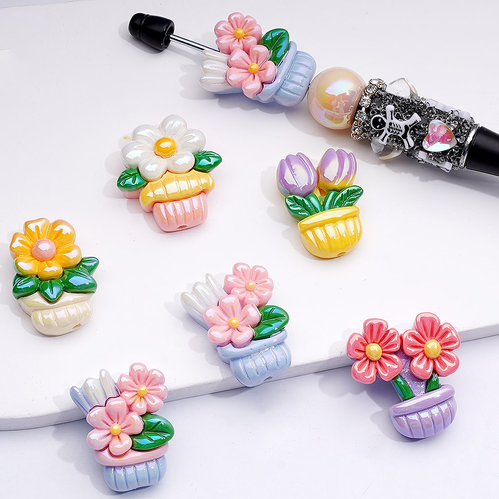 Acrylic Beads UV Coating Cute Vivid Flowers Pot Bonsai, Random Mix