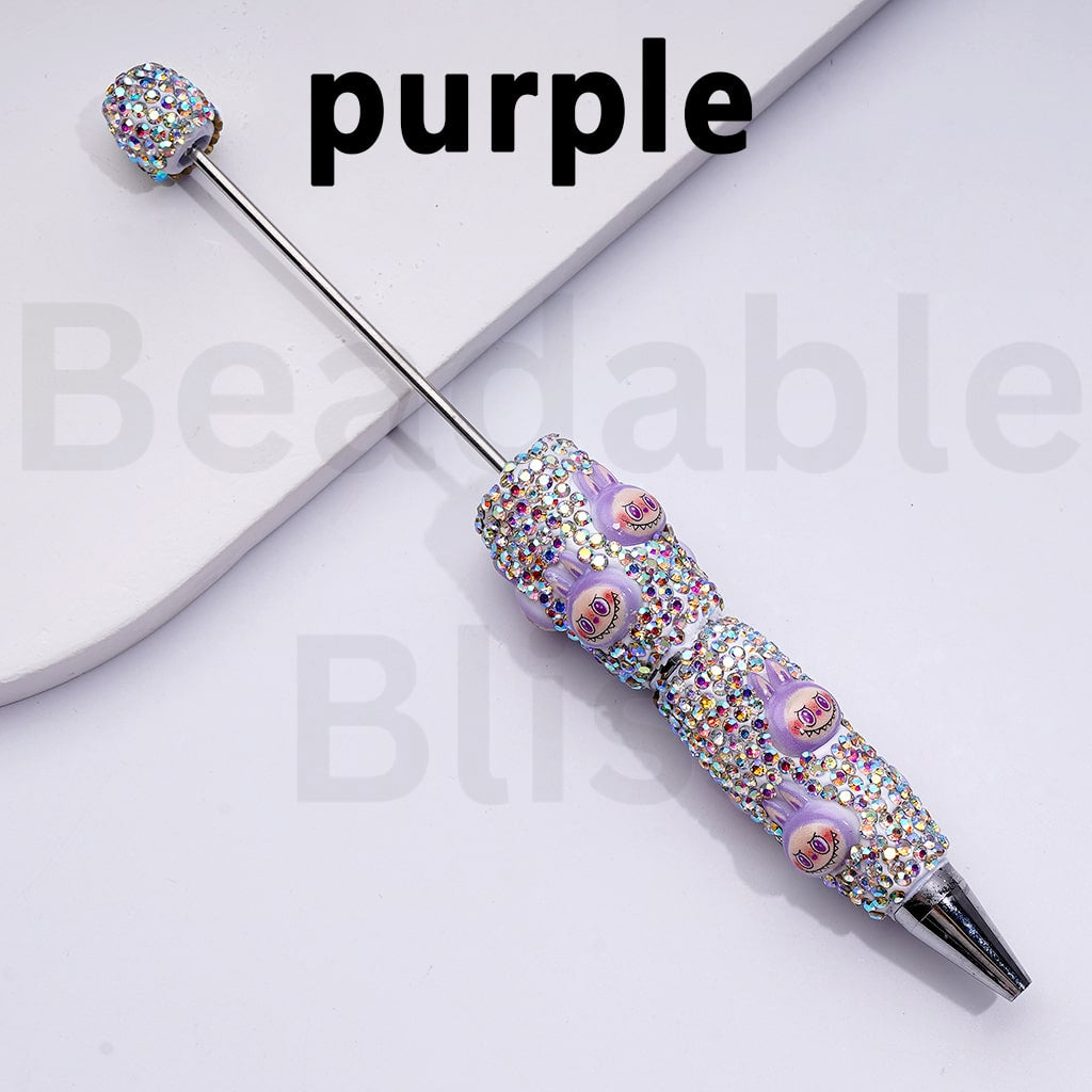 White Color Beadable Clay Pens with Cute Labub Monster Head Pop Mar AB Rhinestones Covered the Entire Pen