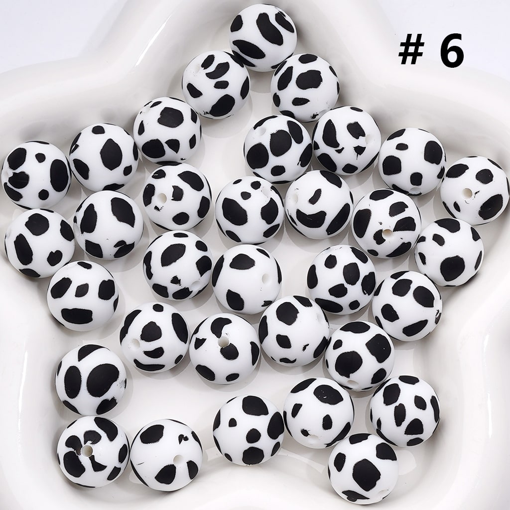 Multi- Color Cow Prints Silicone Beads 15MM, Number Z-00276