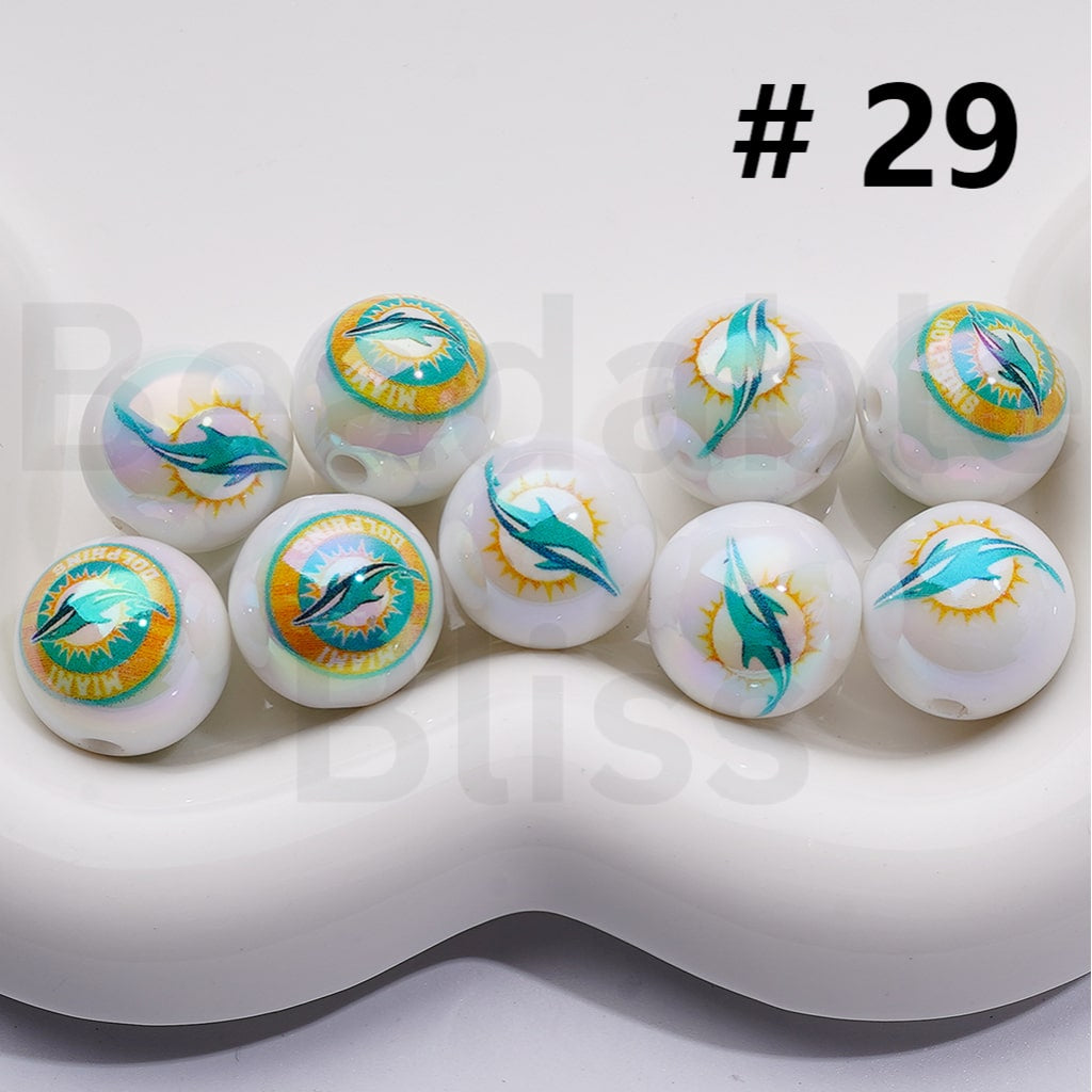 UV Coating USA American Football Teams NF Round Acrylic Beads, 16MM, Random Mix Teams and Single Team are Both Available to Choose