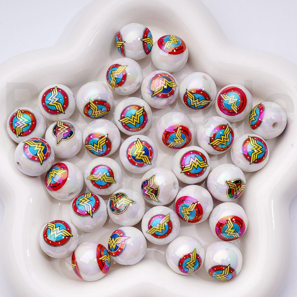 UV Coating Movie Wonde Woma White Round Acrylic Beads, 16MM, Random Mix