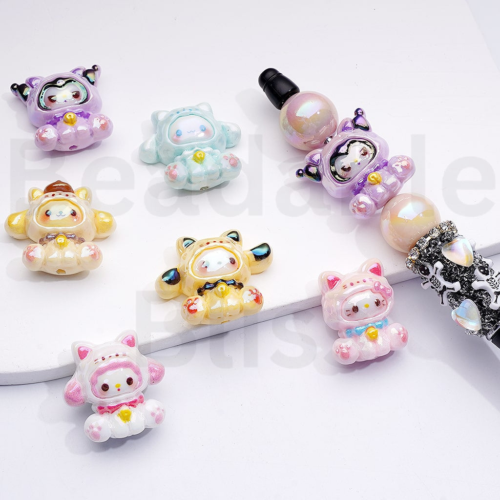 Acrylic Beads UV Coating Sanri Hello Kitt Kurom My Melod Po Po Puri Cinnamonrol with Cat Hat, Random Mix