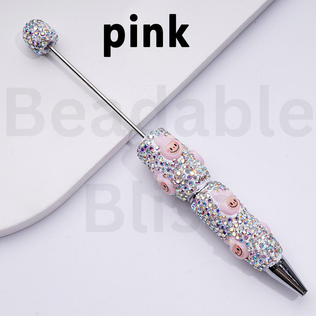 White Color Beadable Clay Pens with Cute Labub Monster Head Pop Mar AB Rhinestones Covered the Entire Pen