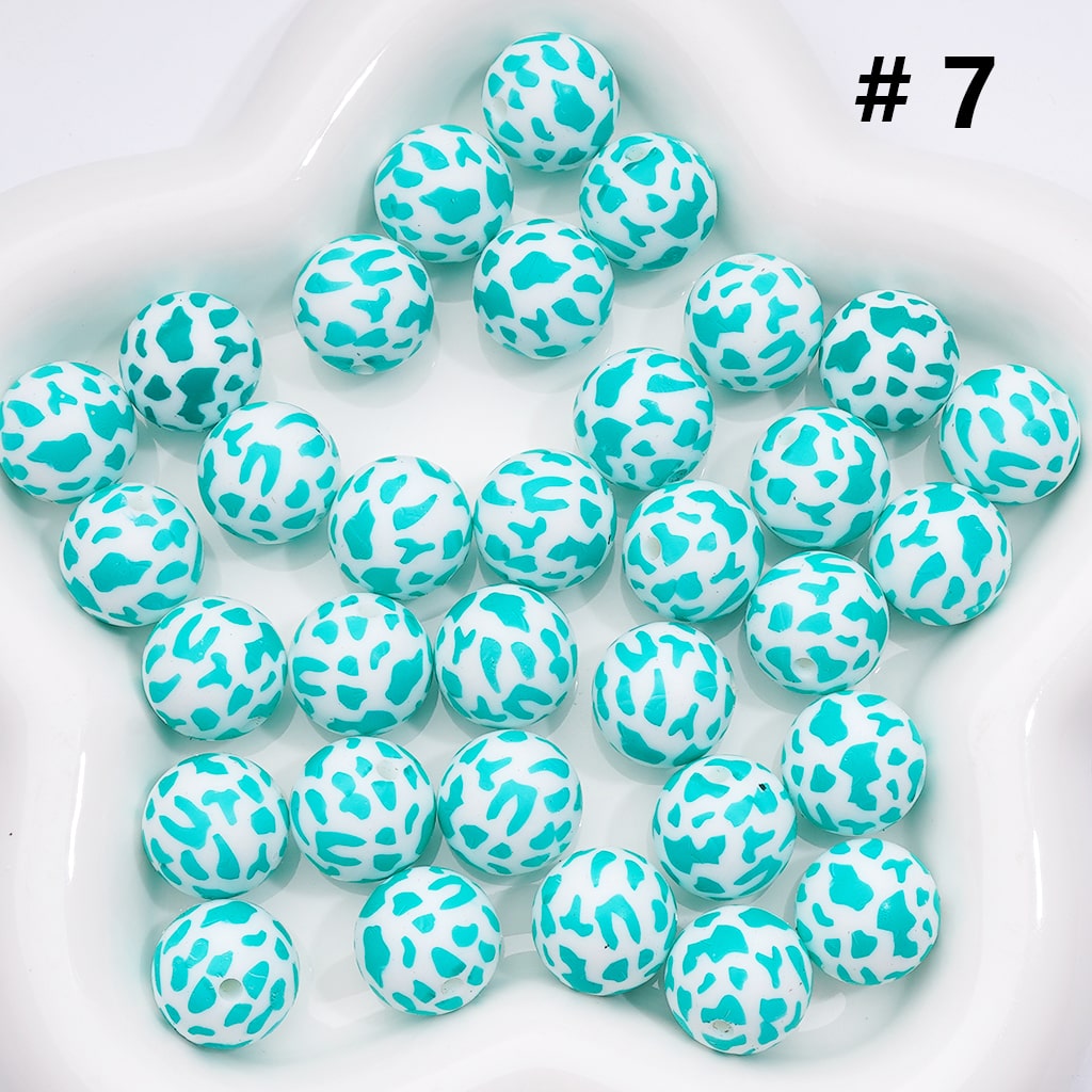 Multi- Color Cow Prints Silicone Beads 15MM, Number Z-00276