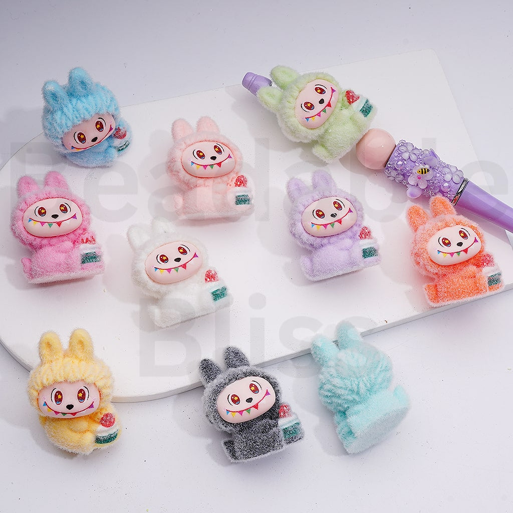 Cute Flocked Labub Holds Flower Pot Pendants Pen Topper Acrylic Beads Jewelry Accessories, 39*28MM, Random Mix