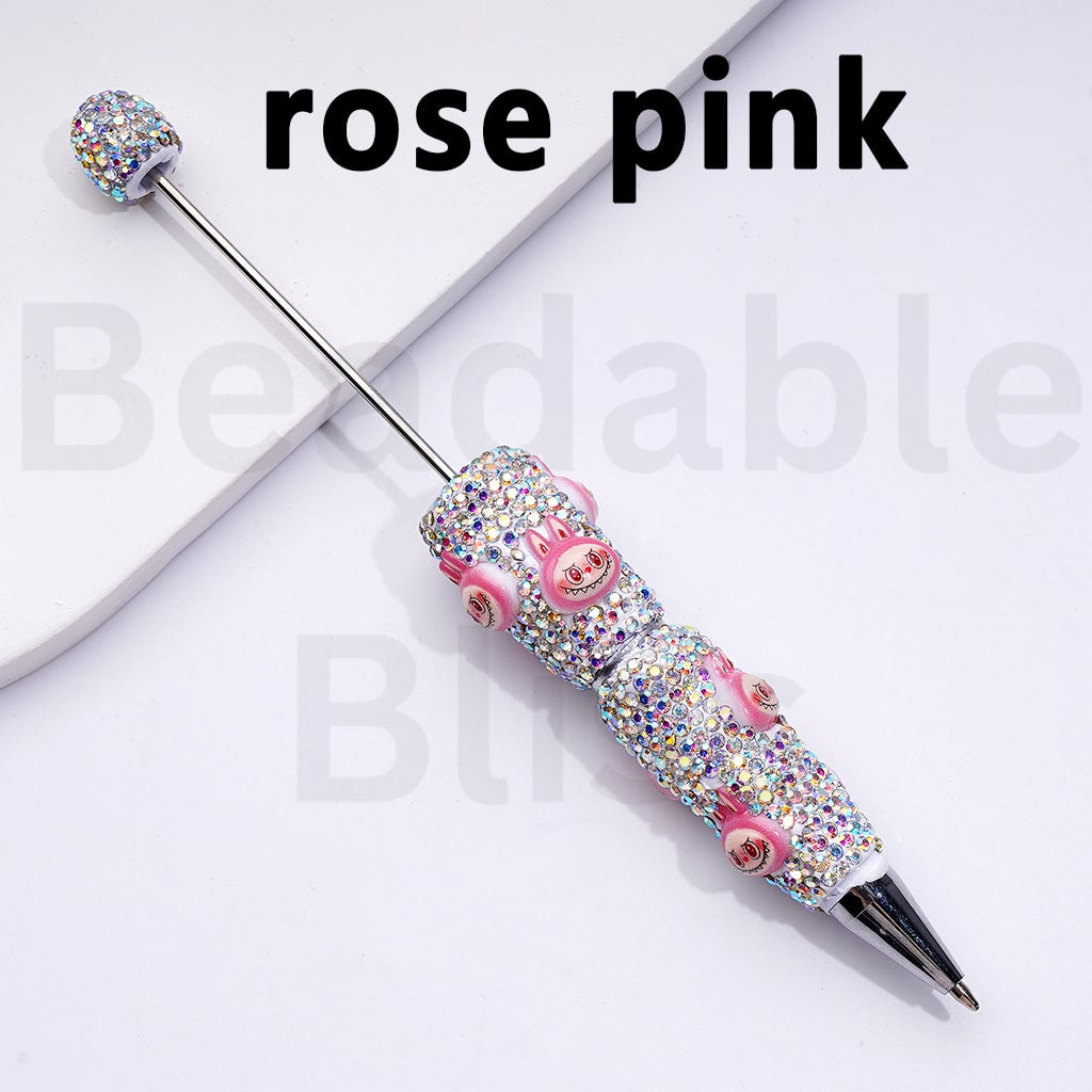 White Color Beadable Clay Pens with Cute Labub Monster Head Pop Mar AB Rhinestones Covered the Entire Pen