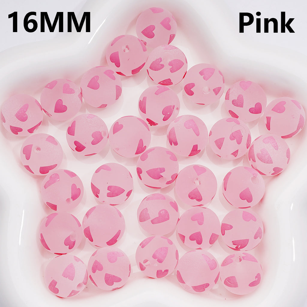 Frosted Multi-Color Hearts Prints Round Acrylic Beads, 16MM ( The Single Color is only available for 200pcs (whole bag))