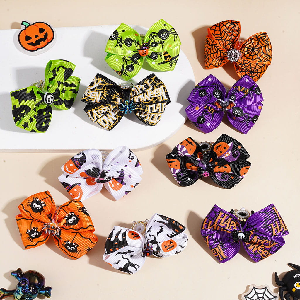 Handmade Acrylic Beads w Halloween Fabric Bow & Spooky Trim, AB Rhinestone & White Pearl Chains, Random Mix