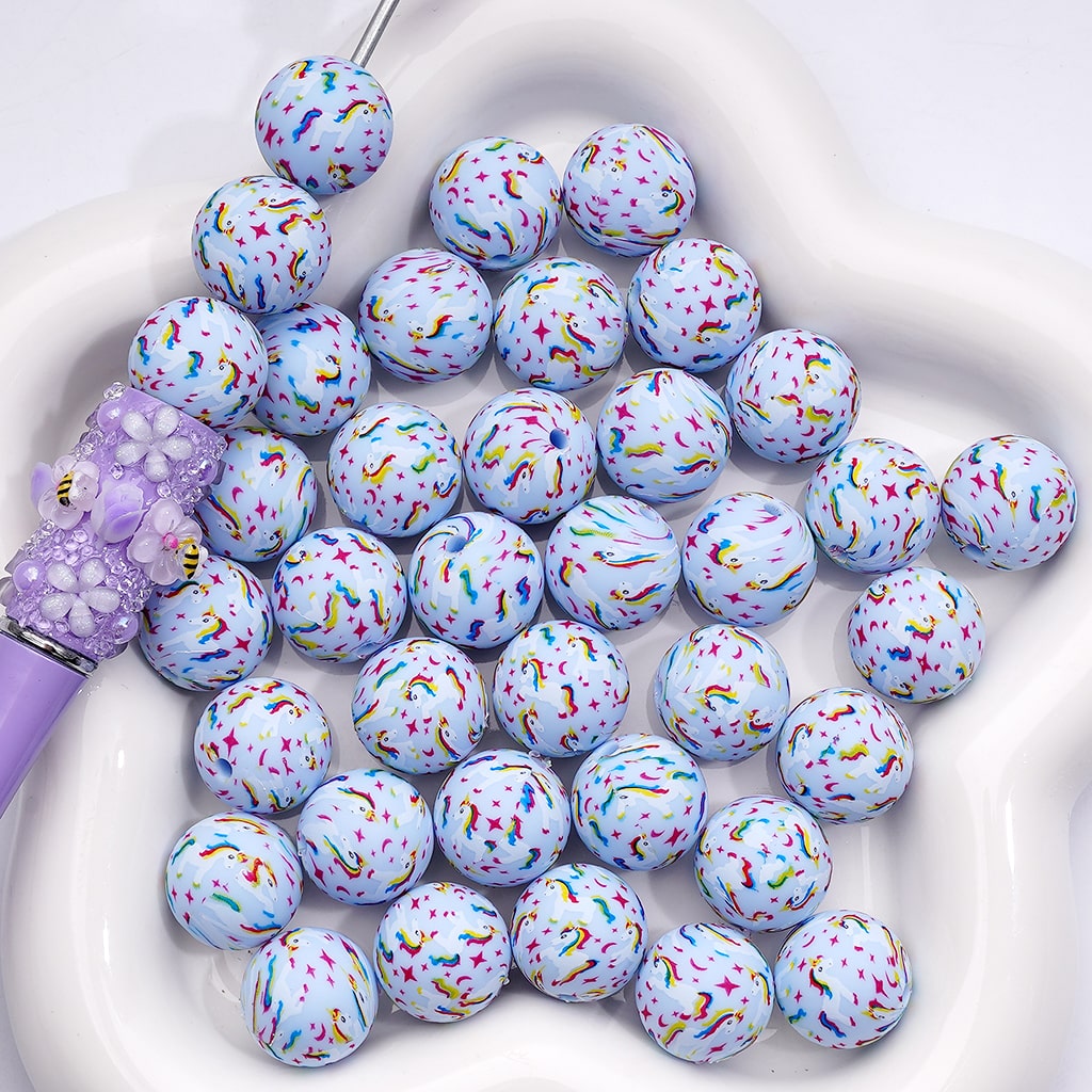 Printed Silicone Beads with Unicorn Star Moon, Mini Blue 15MM