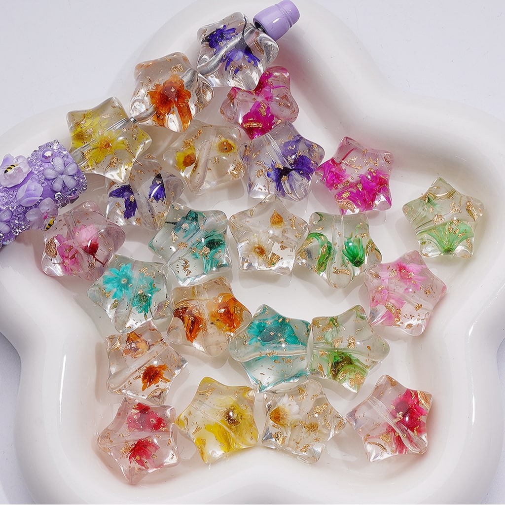 Multi-Color Dried Flowers Gold Foil Paper Inside Clear Star Acrylic Beads, 18MM (Single Color is available for 200pcs(Whole bag))