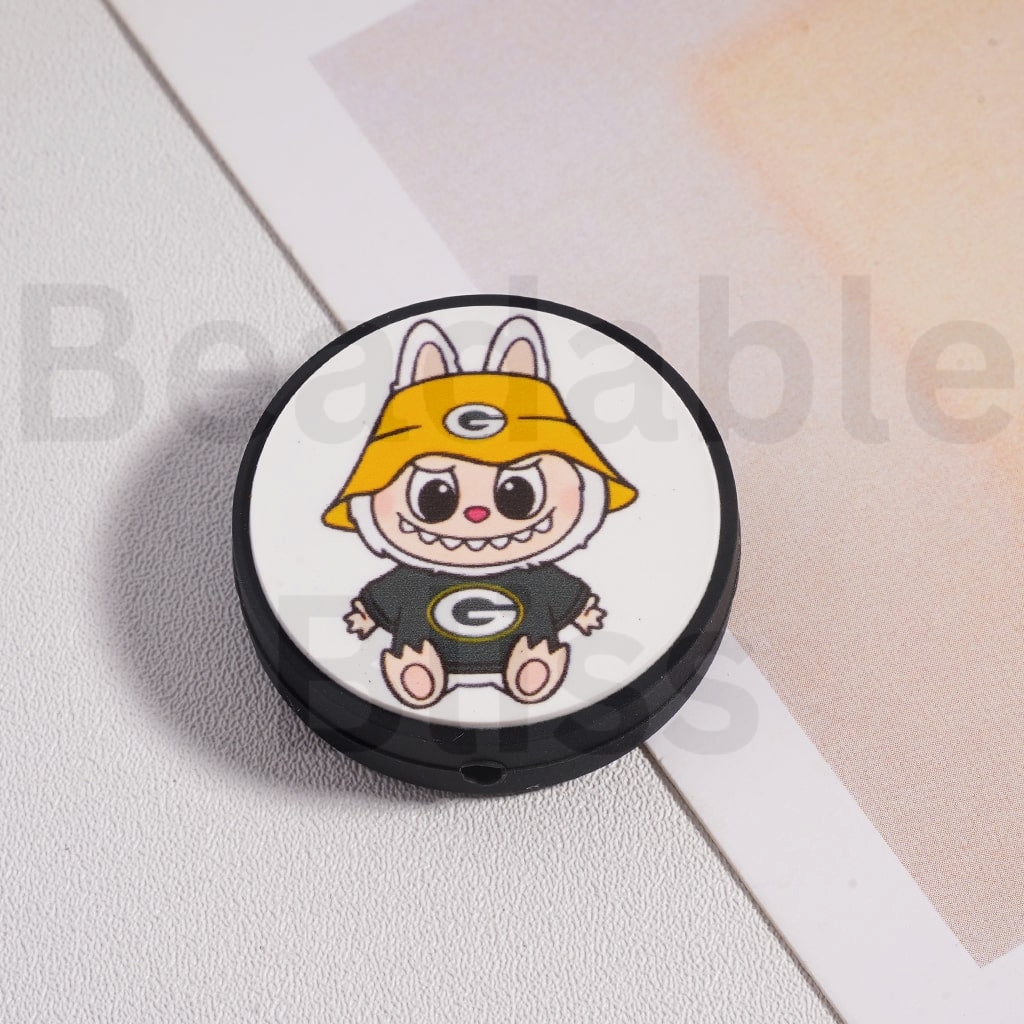 Silicone Focal Beads L-B-B & American Football Team NF Series, Flat Round Shape