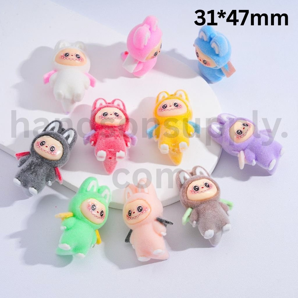 Acrylic Beads Cute Flocked Labub with Wings Multi-Color 31*47MM, Random Mix