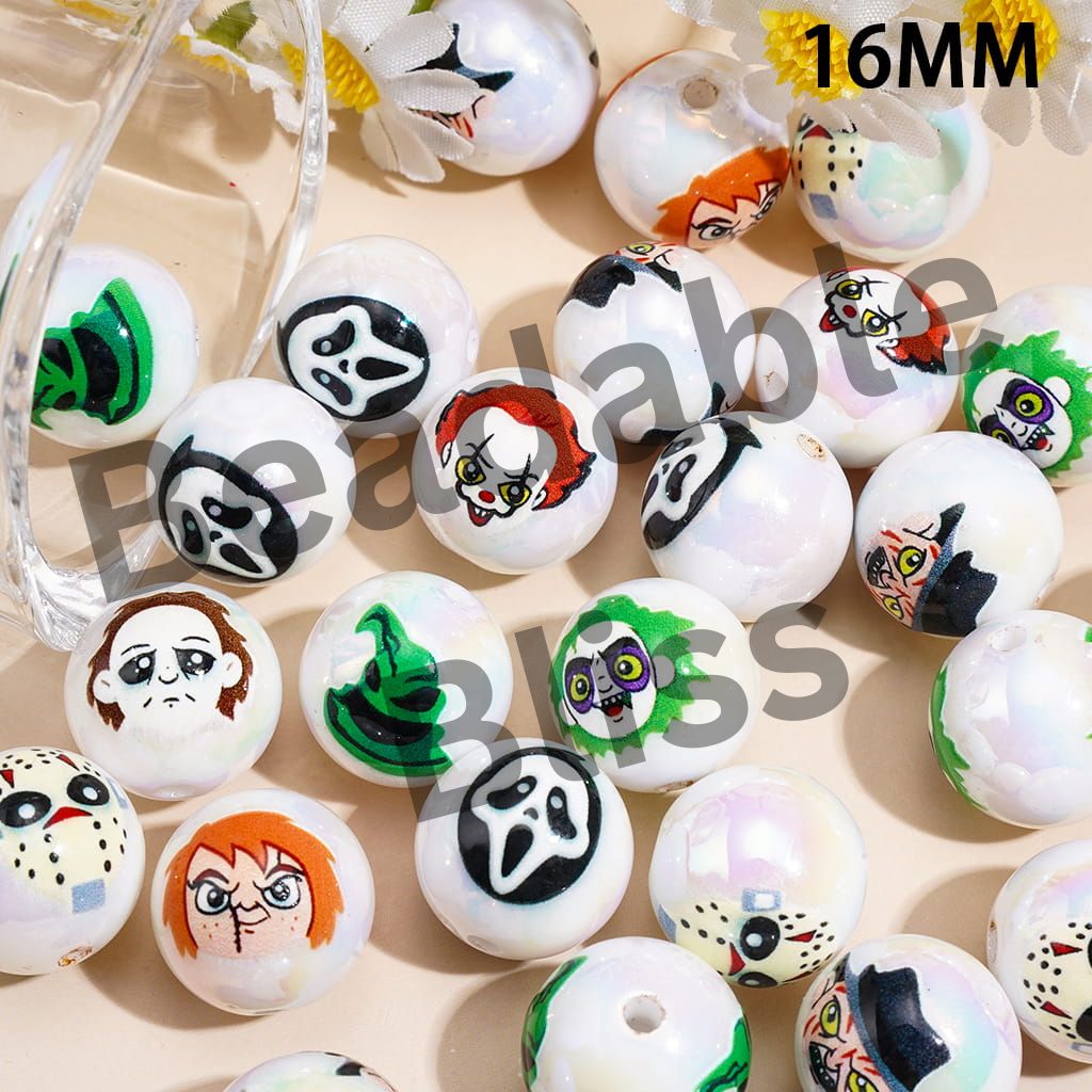UV Coating Acrylic Beads for Bracelets Horror Movie Character Print on White Background, 16MM, Random Mix