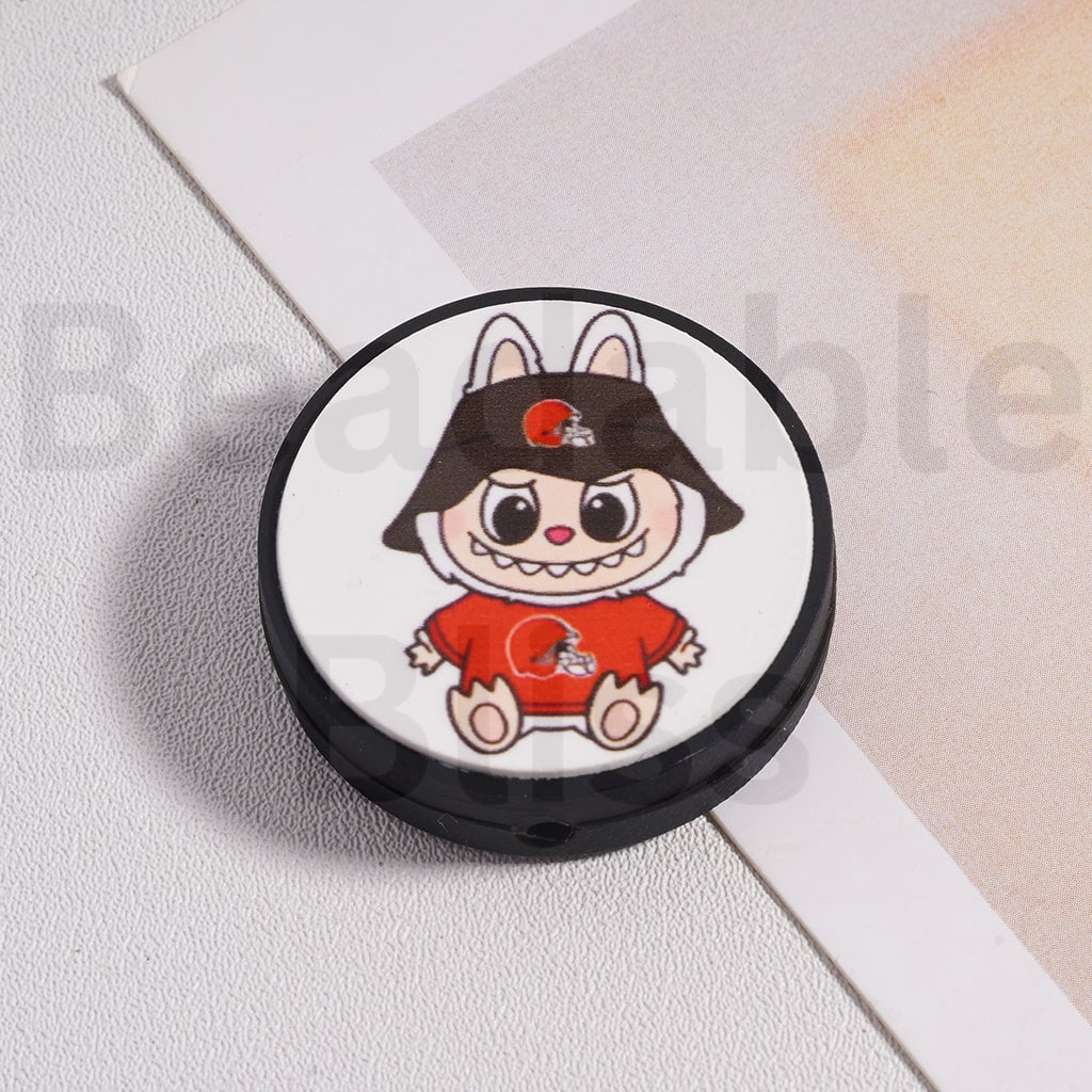 Silicone Focal Beads L-B-B & American Football Team NF Series, Flat Round Shape