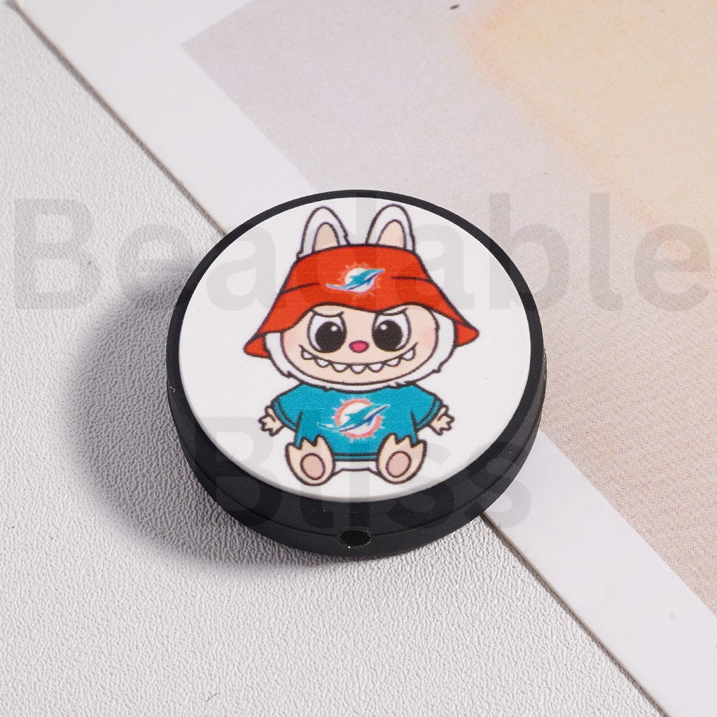 Silicone Focal Beads L-B-B & American Football Team NF Series, Flat Round Shape