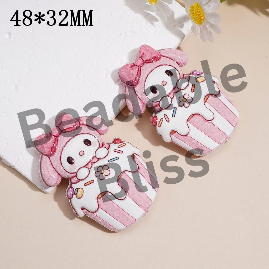 Acrylic Beads with Bunny-Like Girl Character on Cupcake, Raised Textured, 48*32MM
