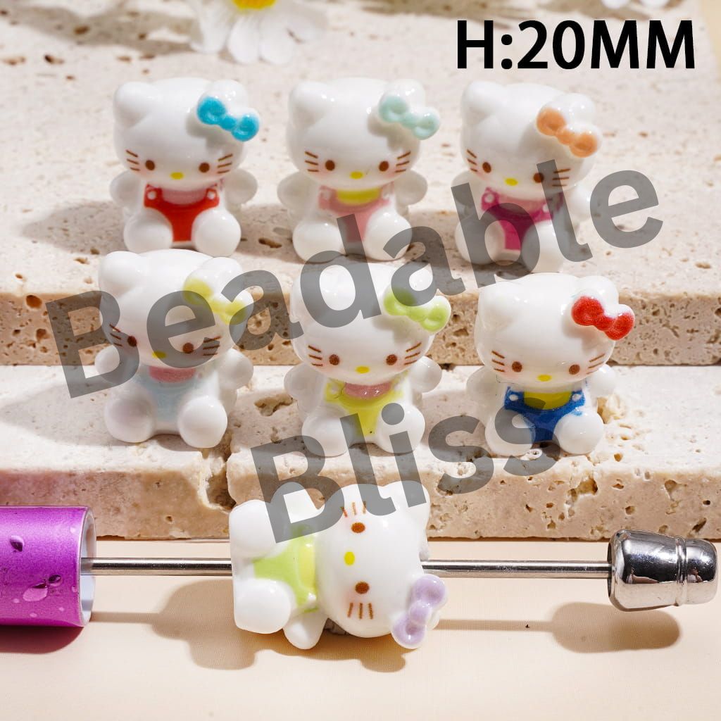 Acrylic Beads for Pen Toppers Cute Cat Characters Sitting with Mini Bow, Jewelry Accessories, Height 20MM, Multi-Color