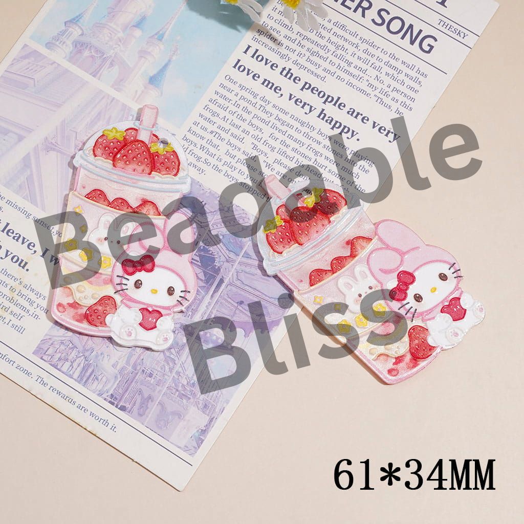 Acrylic Charms Pendants w Cute Cat Character & Strawberry Milk Tea Cup Design, Raised Textured Series, 61*34MM