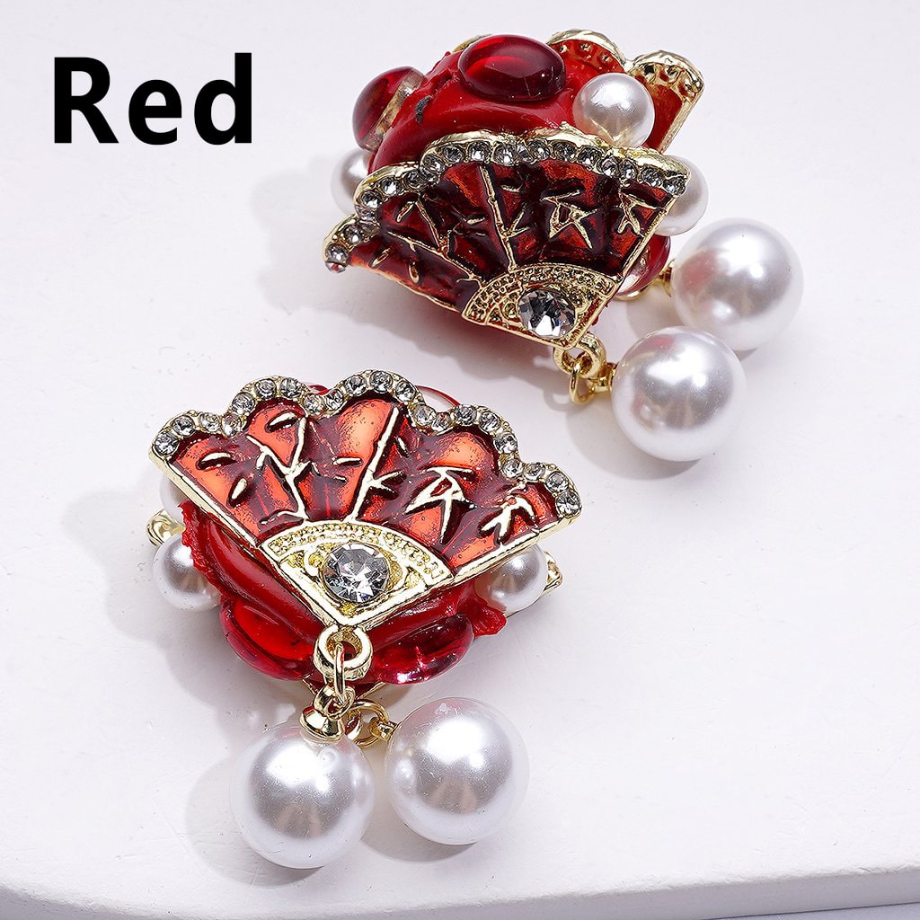 Exquisite Fancy Gold Alloy Vintage Fan with Clear Rhinestones White Pearls Pendants Clay Beads, Around 30*24MM