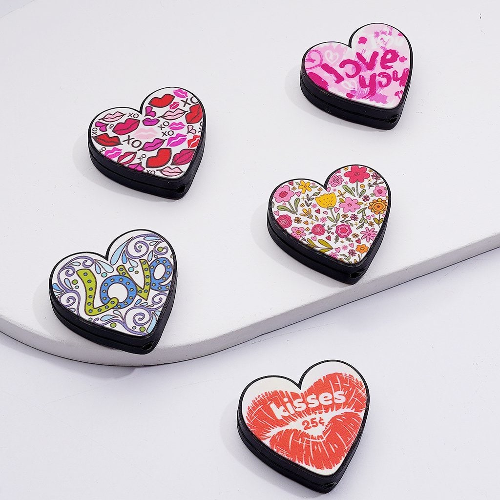 Love Topic Flowers Kiss Heart Shape Silicone Focal Beads, Random Mix