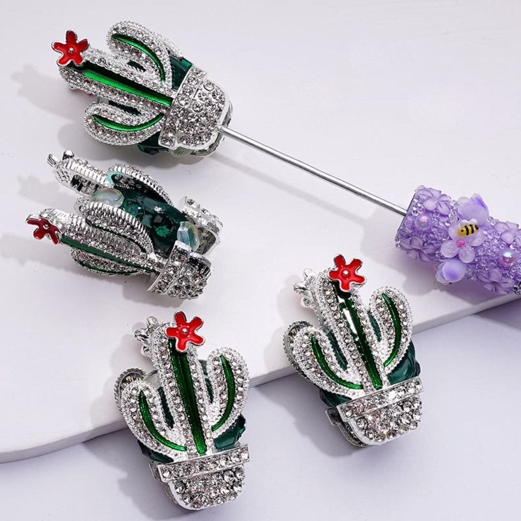 Vivid Cute Fancy Silver Alloy Cactus Red Flower Bonsai with Green Rhinestones Oval Pearls Clay Beads, Around 40*27MM