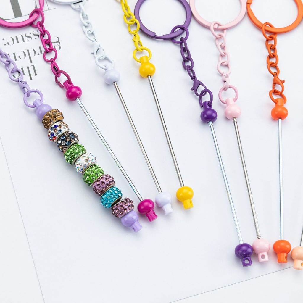 New Style DIY Beadable Metal Keychain with Bar in Solid Color, 153MM, the Small Ball is Plastic Material