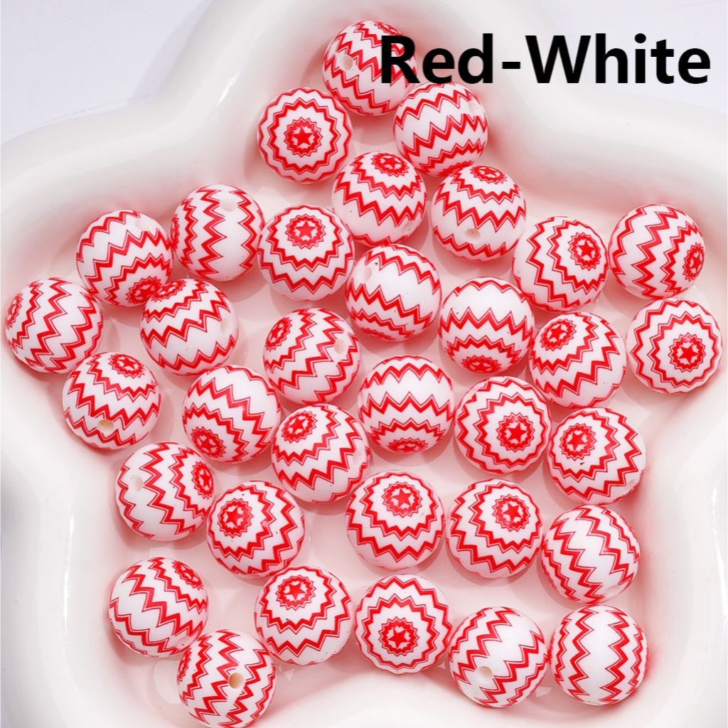 Multi-Color Zig Zag Stripes Round White Printed Silicone Beads 15MM, Number Z-00280