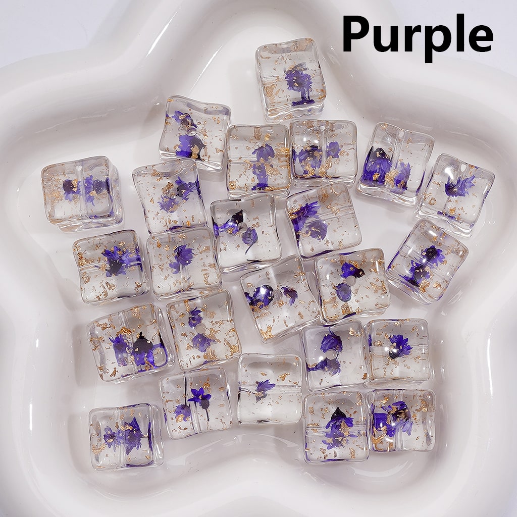 Multi-Color Dried Flowers Gold Foil Paper Inside Clear Cube Square Acrylic Beads, 14-15MM (Single Color is available for 200pcs(Whole bag))
